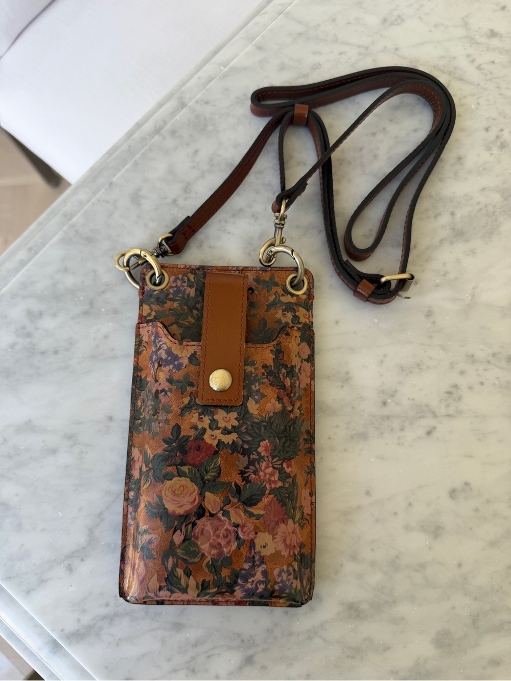 Patricia Nash Brown Floral Leather Crossbody Phone Wallet
